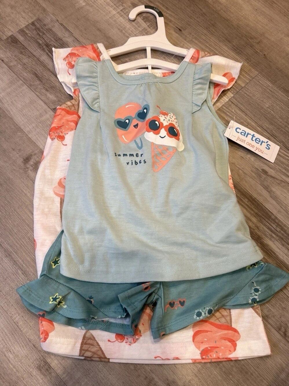 Carter’s 3pc Pajama Bundle Girls 18M Ice Cream Summer Vibes Shorts Set EUC